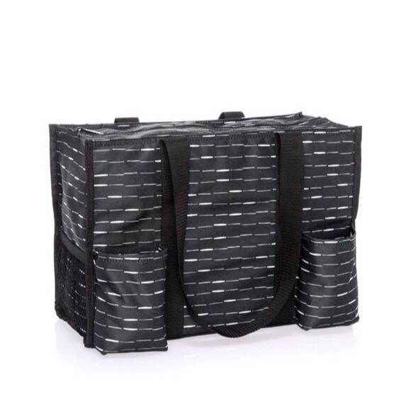 Thirty-One Zip Top Organizing Utility Tote Bag Starlit Stripe Black Pockets - Picture 1 of 13